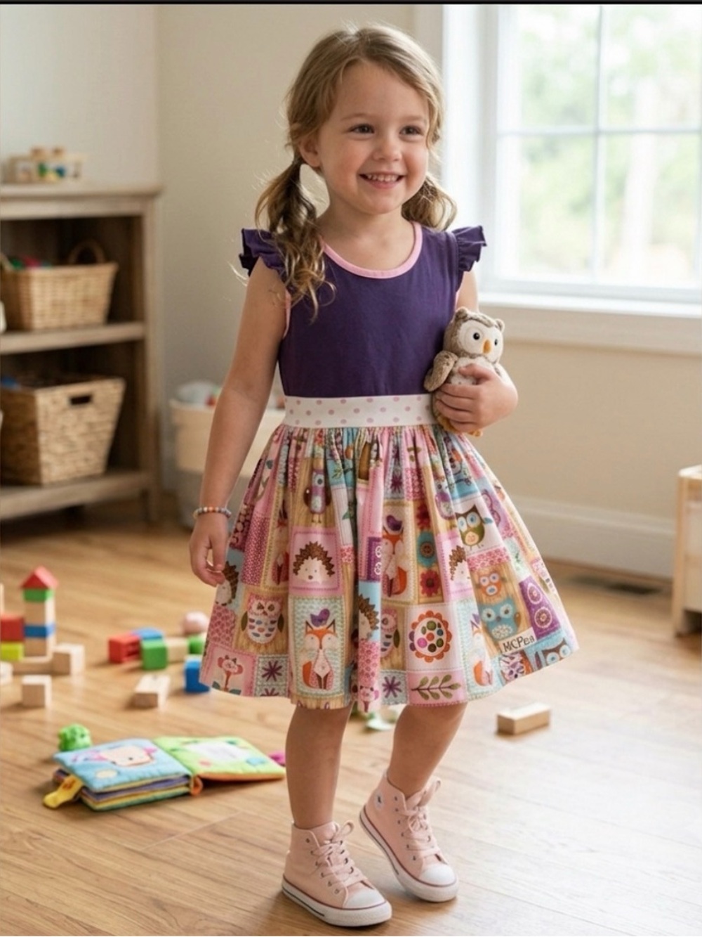 KPea Quilt Animal Print Purple Fox Owl Porcupine Dress Size 5T